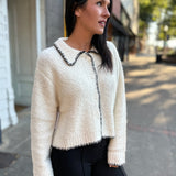 Cream Contrast Trim Stitch Collared Cardigan