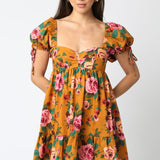 Golden Garden Puff Sleeve Dress