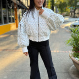 Blue Bow Ribbon Print Oversized Bomber Jacket