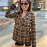 Brown Multi Plaid Mid-Length Button Front Jacket