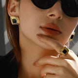 Solenne 18K Gold Enamel Square Earrings - Black