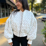 Blue Bow Ribbon Print Oversized Bomber Jacket