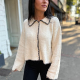 Cream Contrast Trim Stitch Collared Cardigan