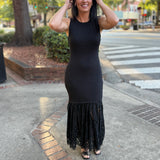Black Sleeveless Sweater Dress with Lace Hem