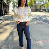 Cream Floral Print Ruffle Detail Knit Cardigan