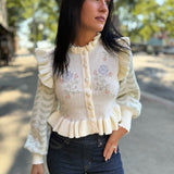 Cream Floral Print Ruffle Detail Knit Cardigan