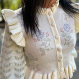 Cream Floral Print Ruffle Detail Knit Cardigan