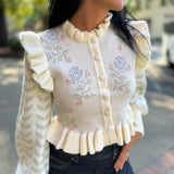 Cream Floral Print Ruffle Detail Knit Cardigan
