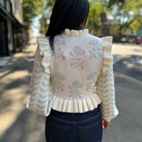 Cream Floral Print Ruffle Detail Knit Cardigan