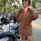 Camel Stud Detail Zipper Front Suede Jacket