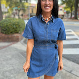 Indigo Denim Short Sleeve Collar Wrap-style Mini Dress