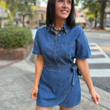 Indigo Denim Short Sleeve Collar Wrap-style Mini Dress