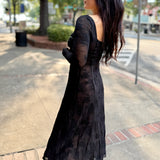 Black Sweetheart Neck Long Sleeve Lace Midi Dress