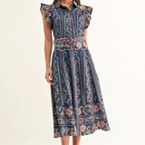 Karly Ruffled Sleeves Shirt Midi Dress - Navy Multi