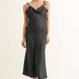 Emmy Twisted Chest Bias Midi Slip Dress - Black