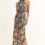 Veda Burnout Velvet Draped Maxi Dress - Teal Multi