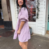 3/4 Sleeve Button Down Stripe Woven Tiered Dress - Rose