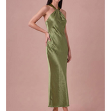 Olive Satin Halter Midi Dress with Velvet Scarf Detail