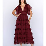 Burgundy Tiered Ruffle Midi Dress