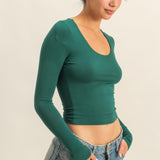 Dark Green Scoop Neck Long Sleeve Crop Top