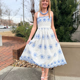Blue Eyelet Embroidered Cross Back Strap Midi Dress