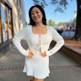 Cream Bow Tied Ribbed Knit Cardigan And Mini Skirt