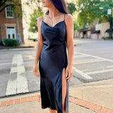Black Chunky Chain Satin Slit Dress