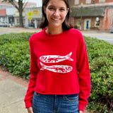 Fish Graphic Crew Neck Knit Sweater - Red