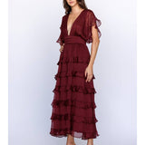Burgundy Tiered Ruffle Midi Dress