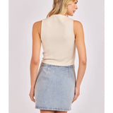 Cream Hustle High Neck Slv Less Crop Top