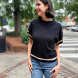 Black Contrast Trim Short Sleeve Pullover Sweater
