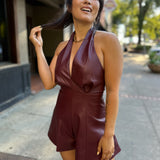 Red Wine Faux Leather Halter Romper