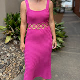Magenta Square Neck Sleeveless Crochet Midi Dress