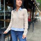 Tan & White Collared Knit Cardigan Sweater