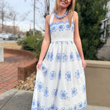 Blue Eyelet Embroidered Cross Back Strap Midi Dress