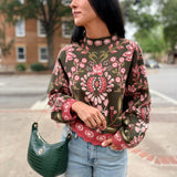 High Neck Long Sleeve Floral Sweater