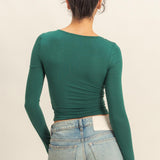 Dark Green Scoop Neck Long Sleeve Crop Top