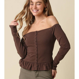 Sienna Brown Off-Shoulder Button-Front Peplum Top