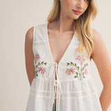 Blossom Charm Embroidered Tie-Front Peplum Vest - White