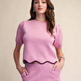 Pink Round Neck Scallop Knit Top
