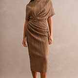 Sienna Pleated Draped Midi Dress - Dark Mocha