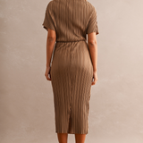 Sienna Pleated Draped Midi Dress - Dark Mocha