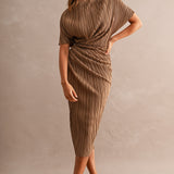 Sienna Pleated Draped Midi Dress - Dark Mocha