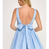 Blue Poplin Back Ribbon Mini Dress
