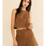 Camel Suede Sleeveless Crop Top