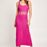 Magenta Square Neck Sleeveless Crochet Midi Dress