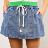 Washed Denim Tied Rope Drawstring Detail Skort