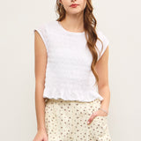 White Smocked Cap Sleeve Ruffle Hem Top