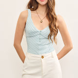 Aqua Mint V-neck Front Button Closure Sleeveless Bodysuit