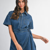 Indigo Denim Short Sleeve Collar Wrap-style Mini Dress